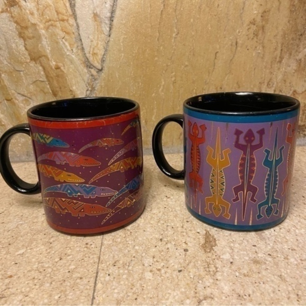 Set of 2 Laurel Burch mugs - Leaping Lizards and Aleucian Alligators